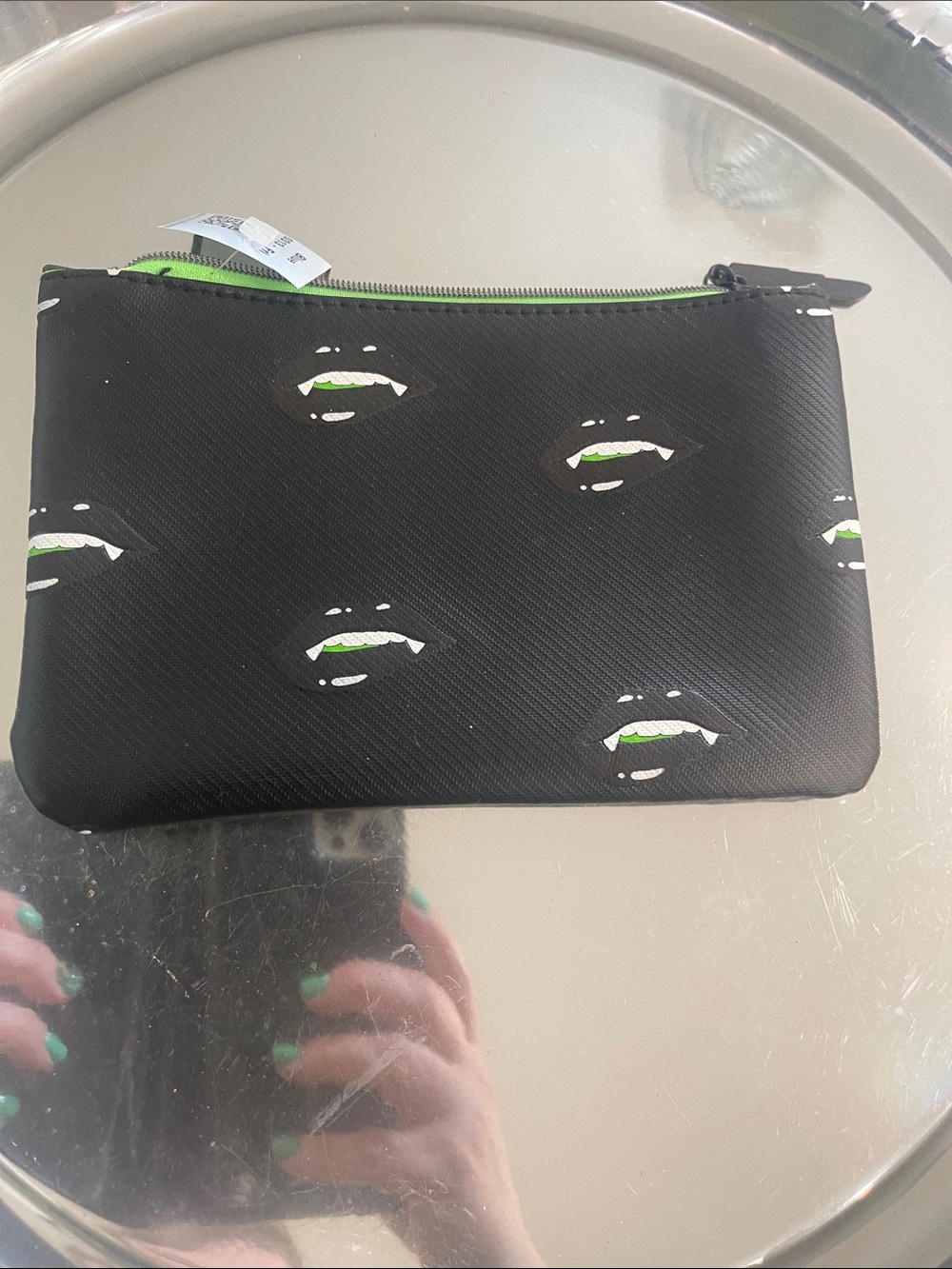 Black Vampires Lips Cosmetic Pouch with Green Zipper